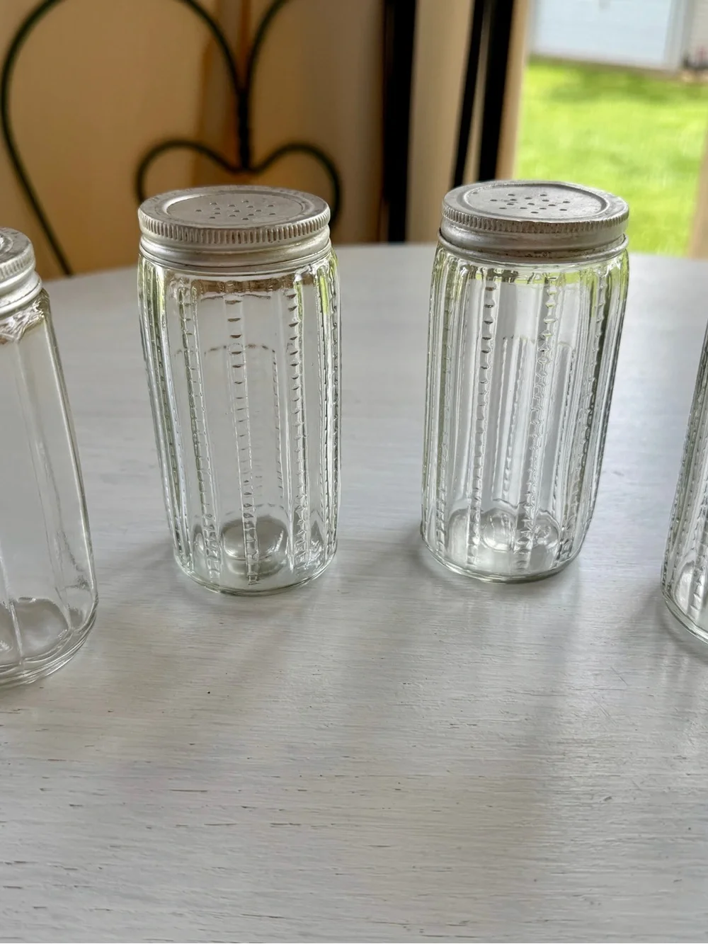VINTAGE, SET/4, HOOSIER CABINET CLEAR GLASS SPICE JARS
